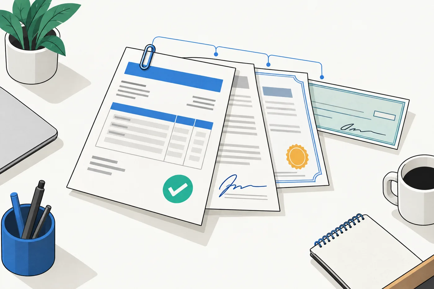 An invoice with its signed release, insurance certificate and check clipped together on a desk.