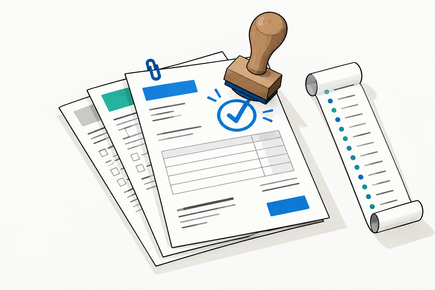 A stamp leaving a check mark on a bundle of invoice and release documents, with an activity log beside it.