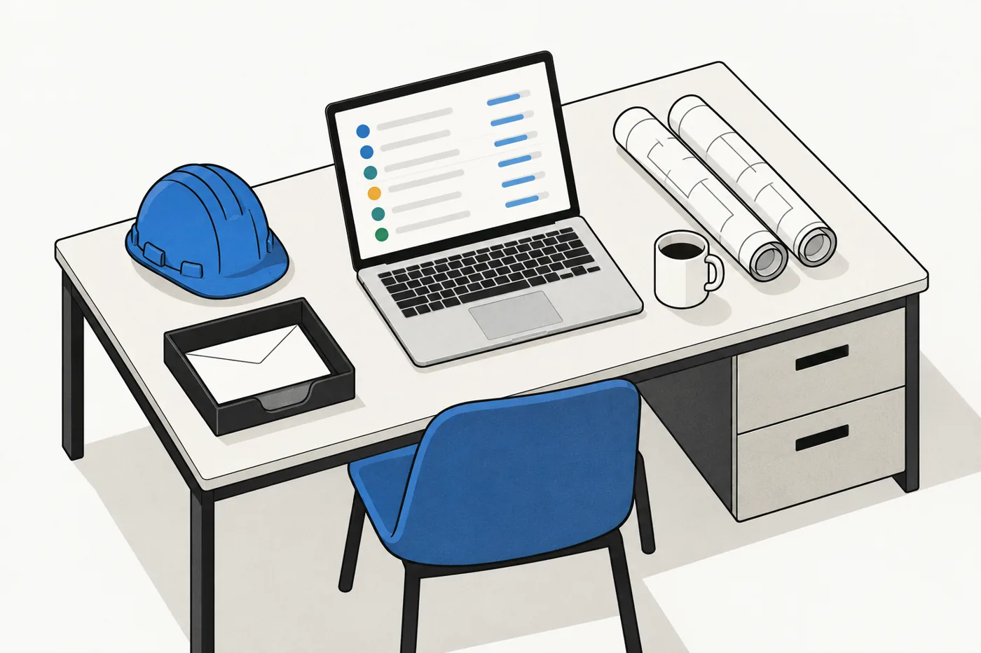 A construction back-office desk with a laptop showing a worklist, a hard hat, rolled drawings and an inbox tray.